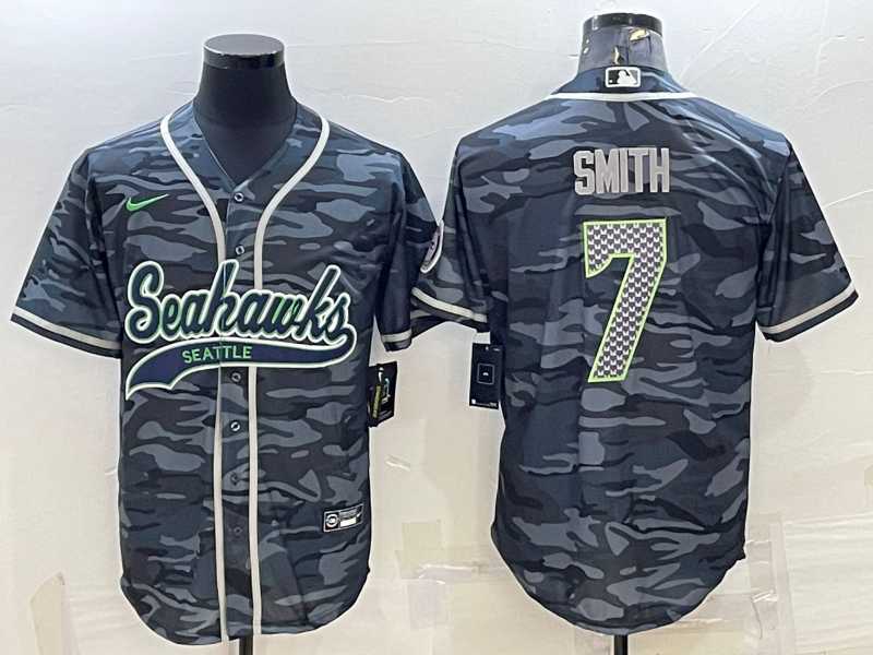 Mens Seattle Seahawks #7 Geno Smith Grey Camo With Patch Cool Base Stitched Baseball Jersey